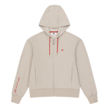 Cropped jersey zip-up hoodie with a clean silhouette
Front WAACKY logo detail
Sleeve slogan graphic for a subtle accent