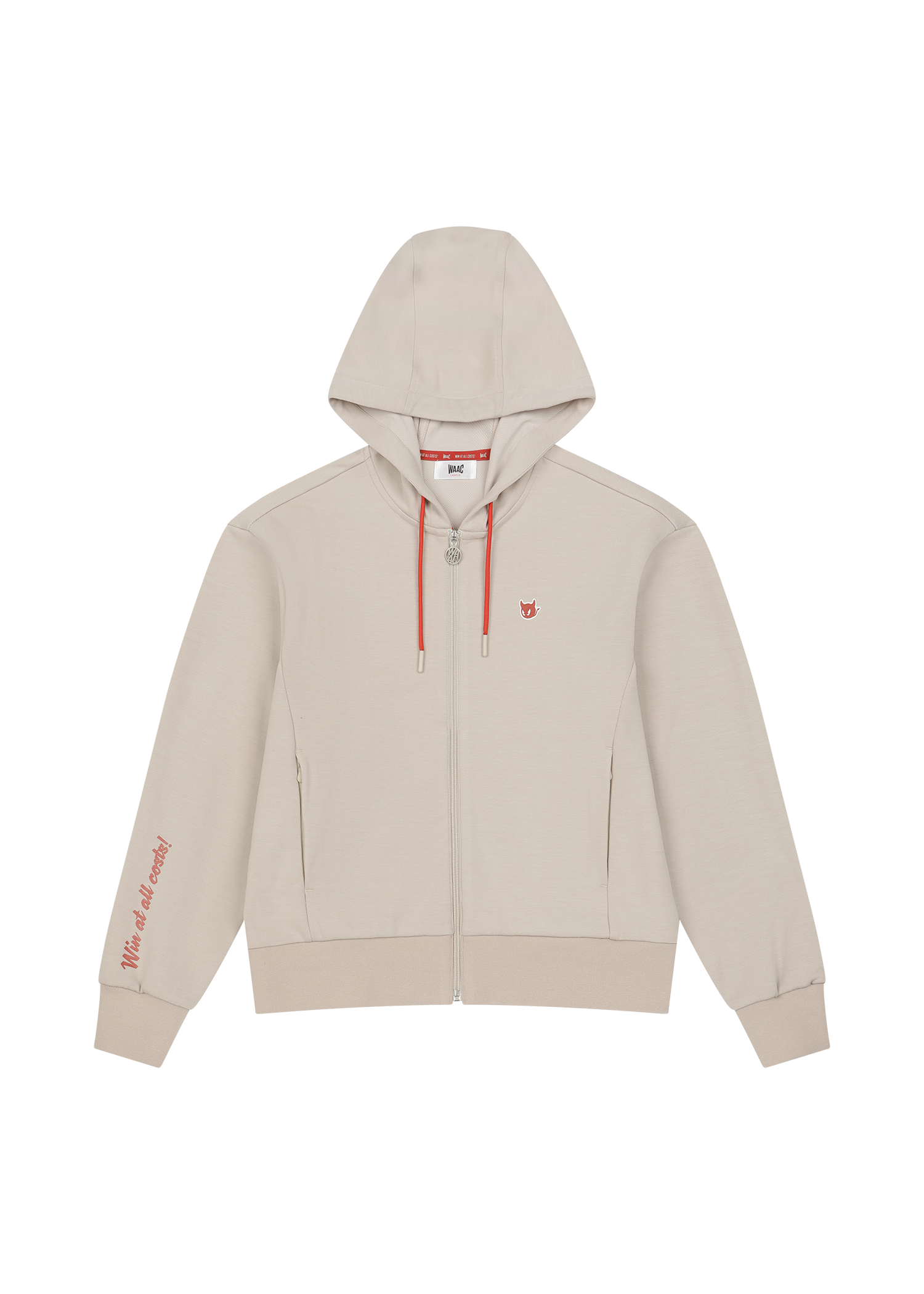 Cropped jersey zip-up hoodie with a clean silhouette
Front WAACKY logo detail
Sleeve slogan graphic for a subtle accent