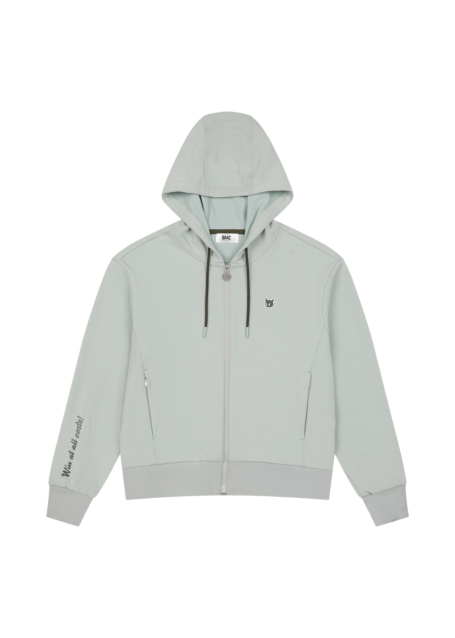 Cropped jersey zip-up hoodie with a clean silhouette
Front WAACKY logo detail
Sleeve slogan graphic for a subtle accent