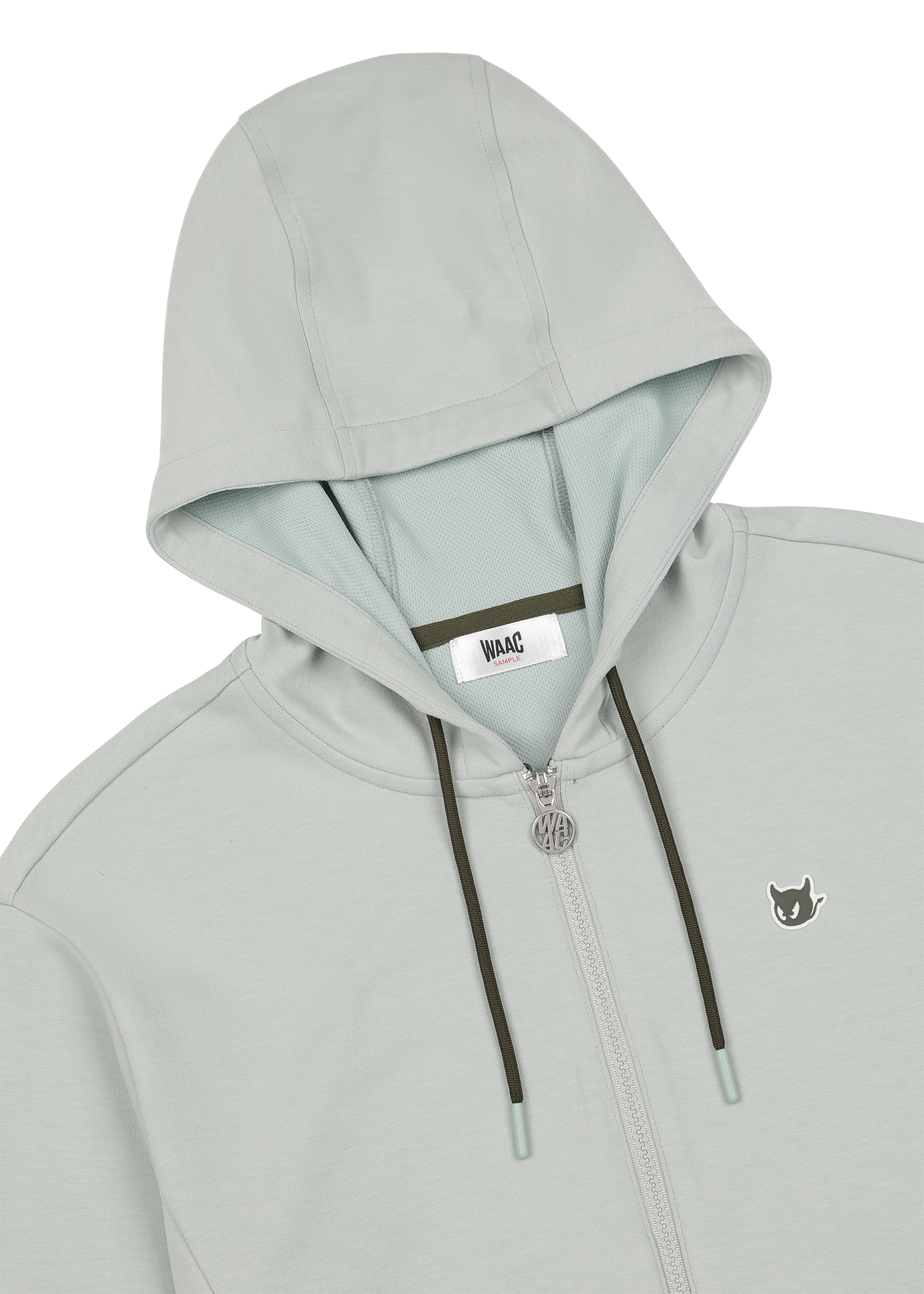 Cropped jersey zip-up hoodie with a clean silhouette
Front WAACKY logo detail
Sleeve slogan graphic for a subtle accent