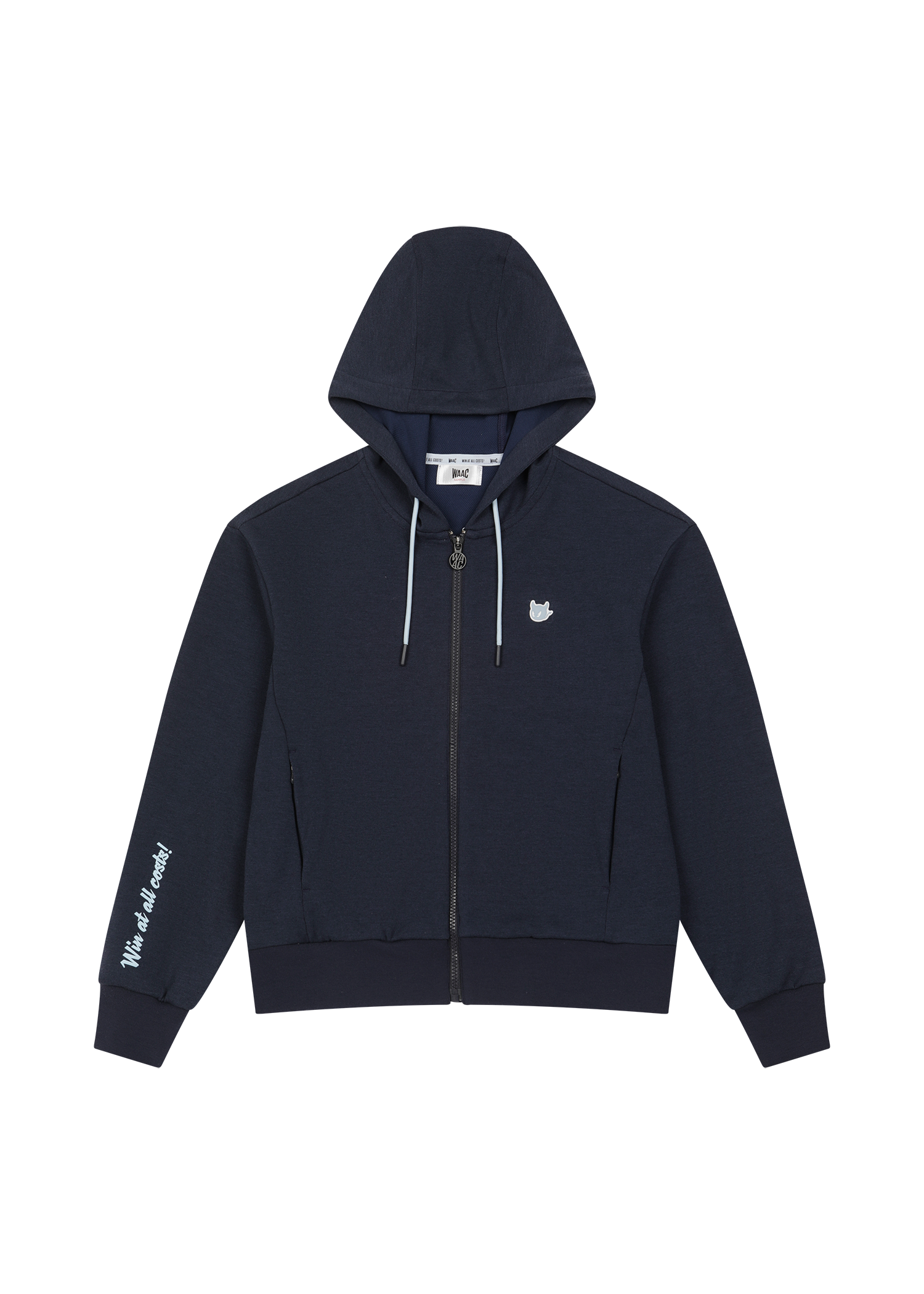 Cropped jersey zip-up hoodie with a clean silhouette
Front WAACKY logo detail
Sleeve slogan graphic for a subtle accent