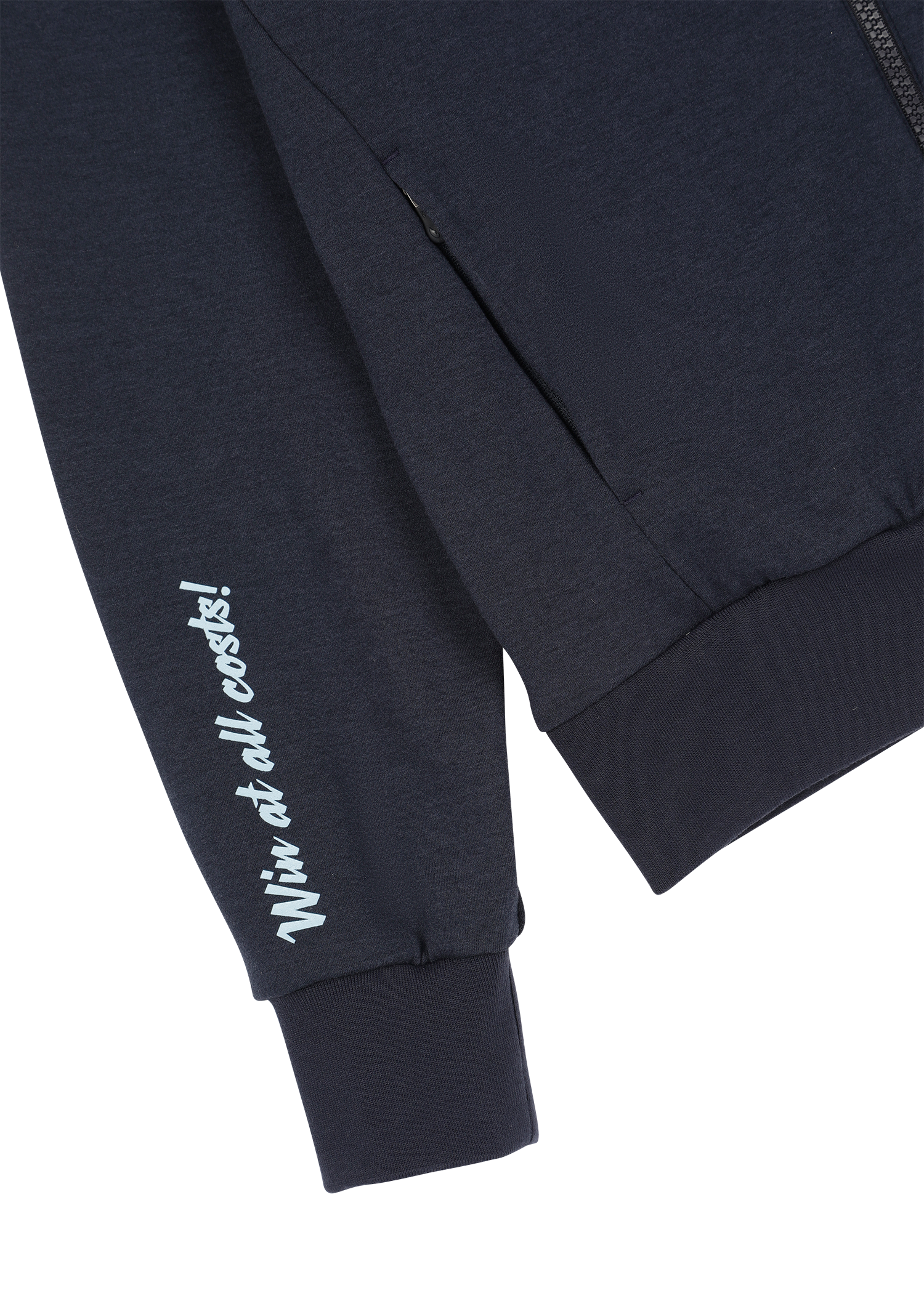 Cropped jersey zip-up hoodie with a clean silhouette
Front WAACKY logo detail
Sleeve slogan graphic for a subtle accent