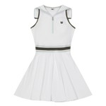 Sleeveless halter dress with a defined waistband detail
Flare silhouette with a pleated skirt
Functional side pockets detail
