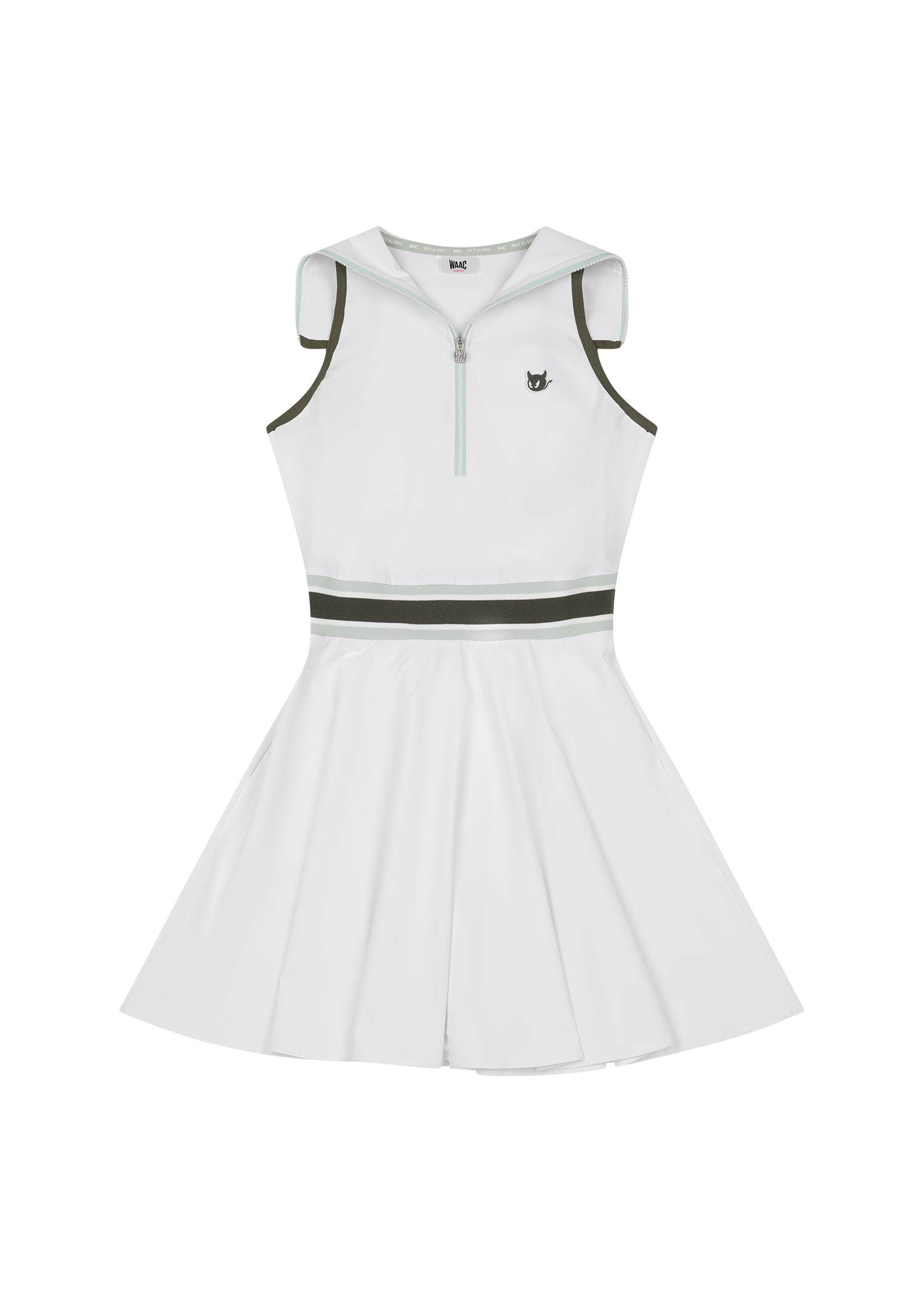 Sleeveless halter dress with a defined waistband detail
Flare silhouette with a pleated skirt
Functional side pockets detail