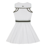 Sleeveless halter dress with a defined waistband detail
Flare silhouette with a pleated skirt
Functional side pockets detail
