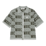 Short-sleeve cardigan with an all-over WAAC pattern
Contrast stripe trim at the cuffs and placket
Light knit texture for everyday wear