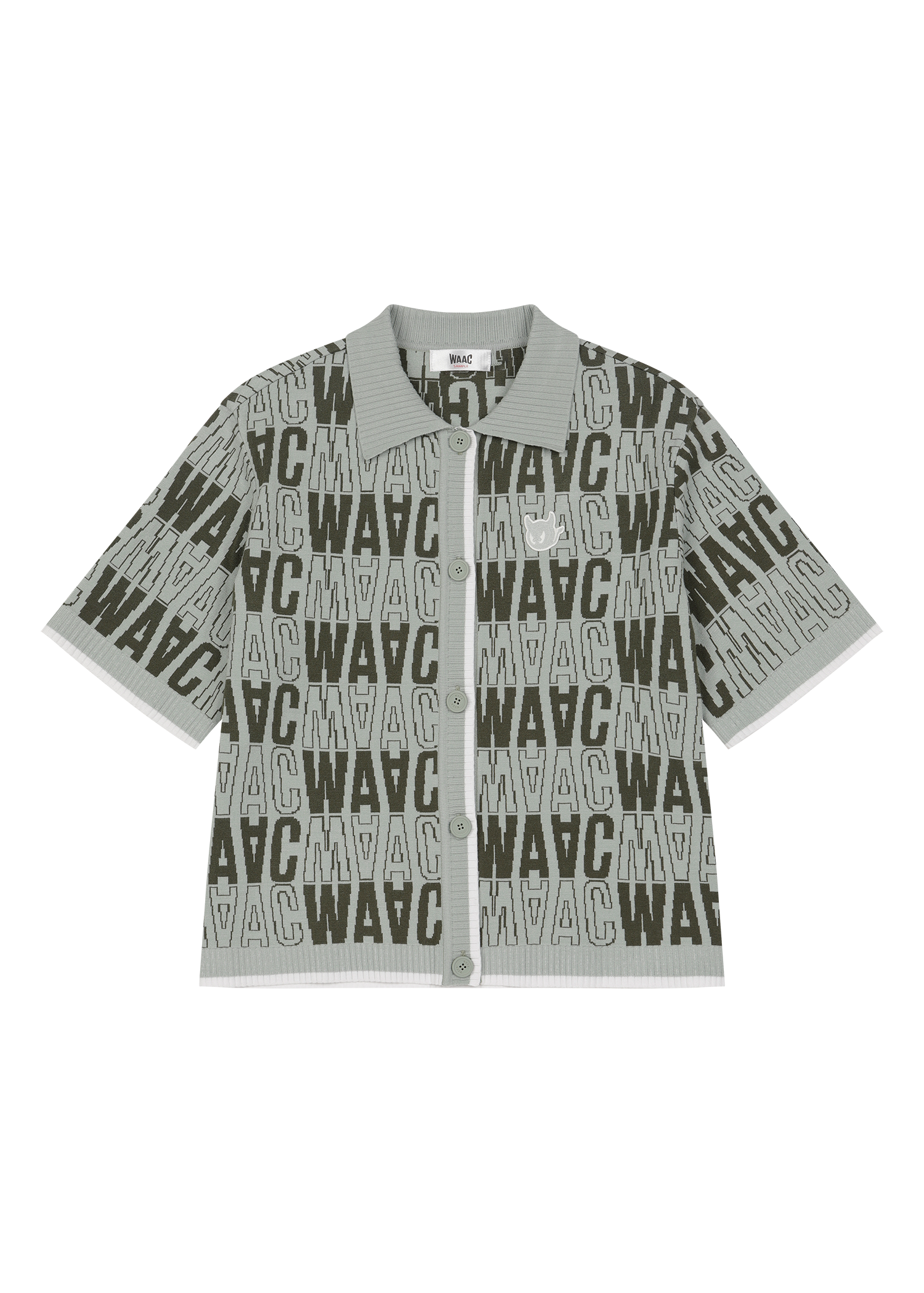 Short-sleeve cardigan with an all-over WAAC pattern
Contrast stripe trim at the cuffs and placket
Light knit texture for everyday wear