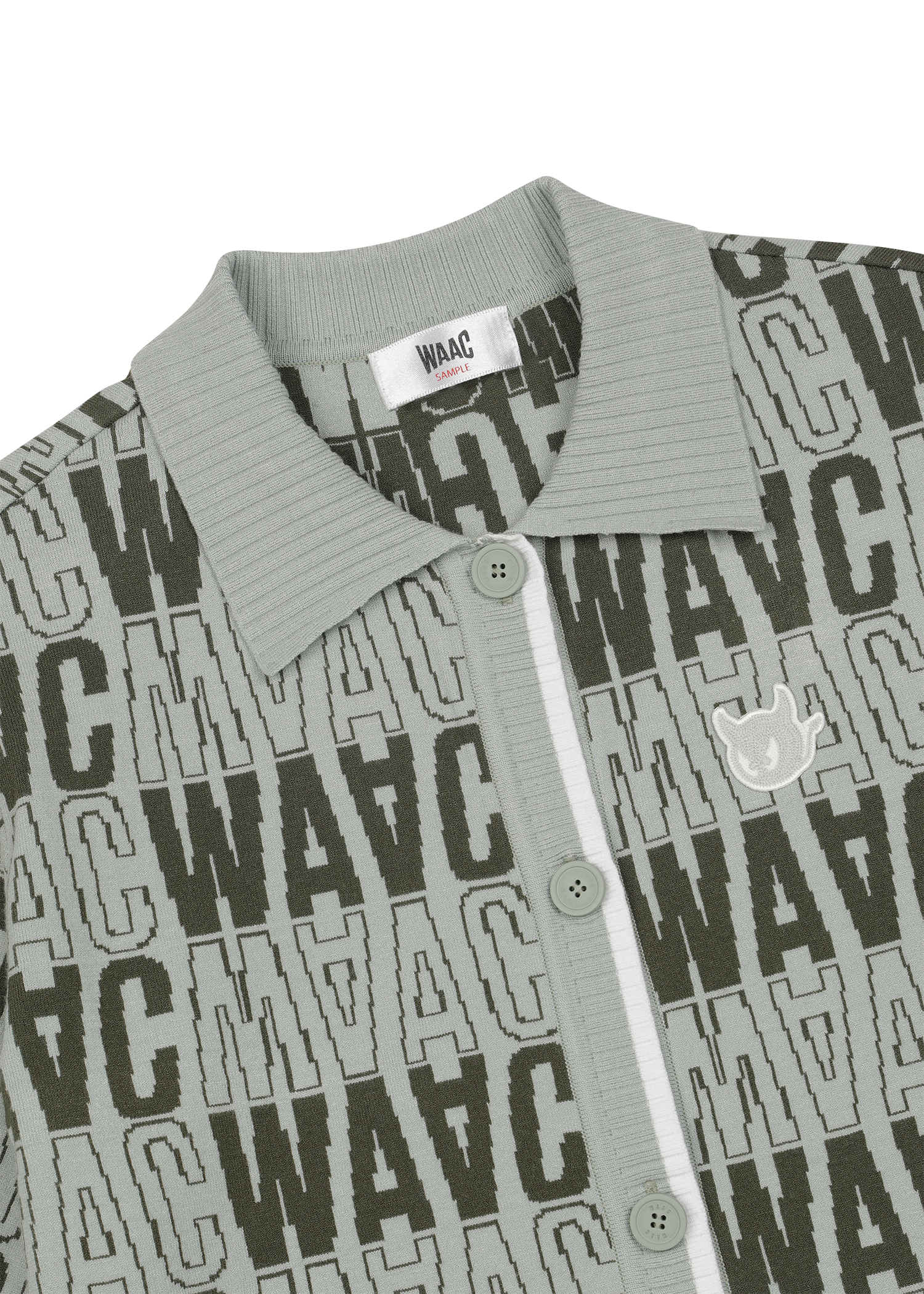 Short-sleeve cardigan with an all-over WAAC pattern
Contrast stripe trim at the cuffs and placket
Light knit texture for everyday wear