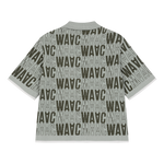 Short-sleeve cardigan with an all-over WAAC pattern
Contrast stripe trim at the cuffs and placket
Light knit texture for everyday wear