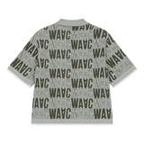 Short-sleeve cardigan with an all-over WAAC pattern
Contrast stripe trim at the cuffs and placket
Light knit texture for everyday wear