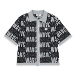 Short-sleeve cardigan with an all-over WAAC pattern
Contrast stripe trim at the cuffs and placket
Light knit texture for everyday wear