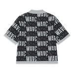 Short-sleeve cardigan with an all-over WAAC pattern
Contrast stripe trim at the cuffs and placket
Light knit texture for everyday wear