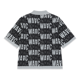 Short-sleeve cardigan with an all-over WAAC pattern
Contrast stripe trim at the cuffs and placket
Light knit texture for everyday wear