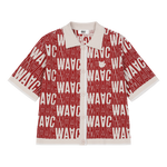 Short-sleeve cardigan with an all-over WAAC pattern
Contrast stripe trim at the cuffs and placket
Light knit texture for everyday wear