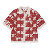Short-sleeve cardigan with an all-over WAAC pattern
Contrast stripe trim at the cuffs and placket
Light knit texture for everyday wear