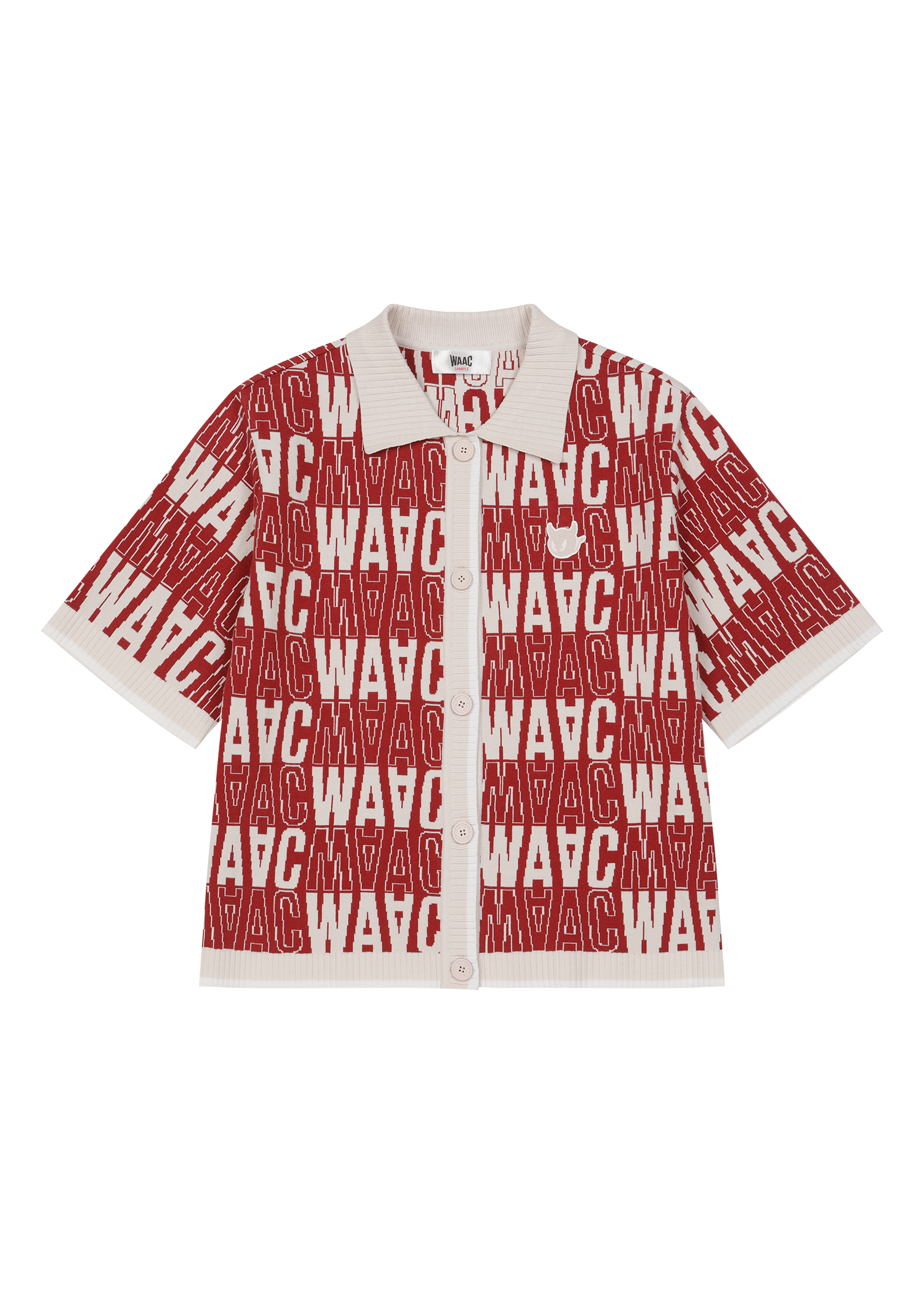 Short-sleeve cardigan with an all-over WAAC pattern
Contrast stripe trim at the cuffs and placket
Light knit texture for everyday wear