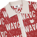 Short-sleeve cardigan with an all-over WAAC pattern
Contrast stripe trim at the cuffs and placket
Light knit texture for everyday wear