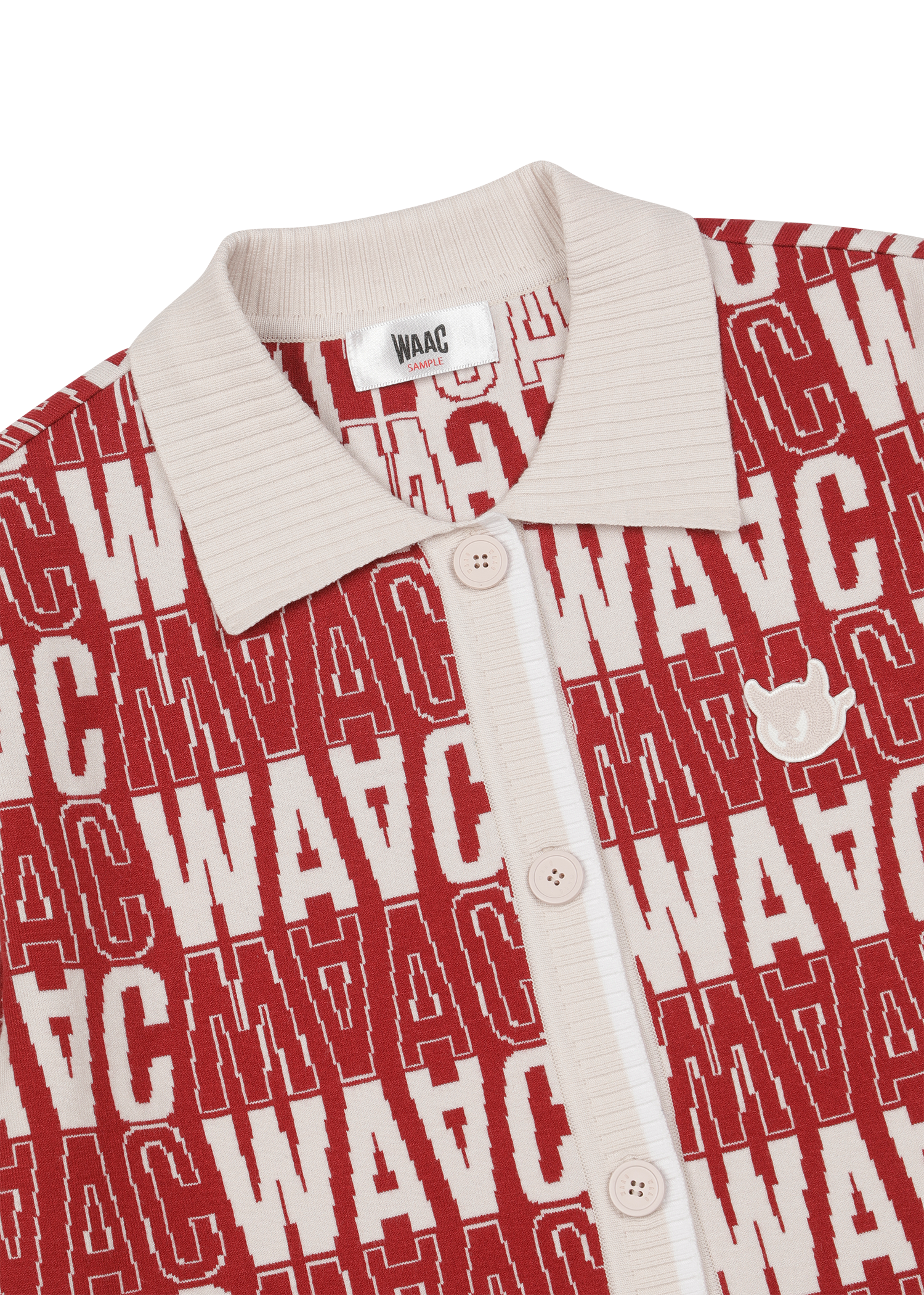 Short-sleeve cardigan with an all-over WAAC pattern
Contrast stripe trim at the cuffs and placket
Light knit texture for everyday wear