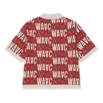 Short-sleeve cardigan with an all-over WAAC pattern
Contrast stripe trim at the cuffs and placket
Light knit texture for everyday wear