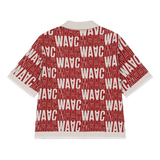Short-sleeve cardigan with an all-over WAAC pattern
Contrast stripe trim at the cuffs and placket
Light knit texture for everyday wear