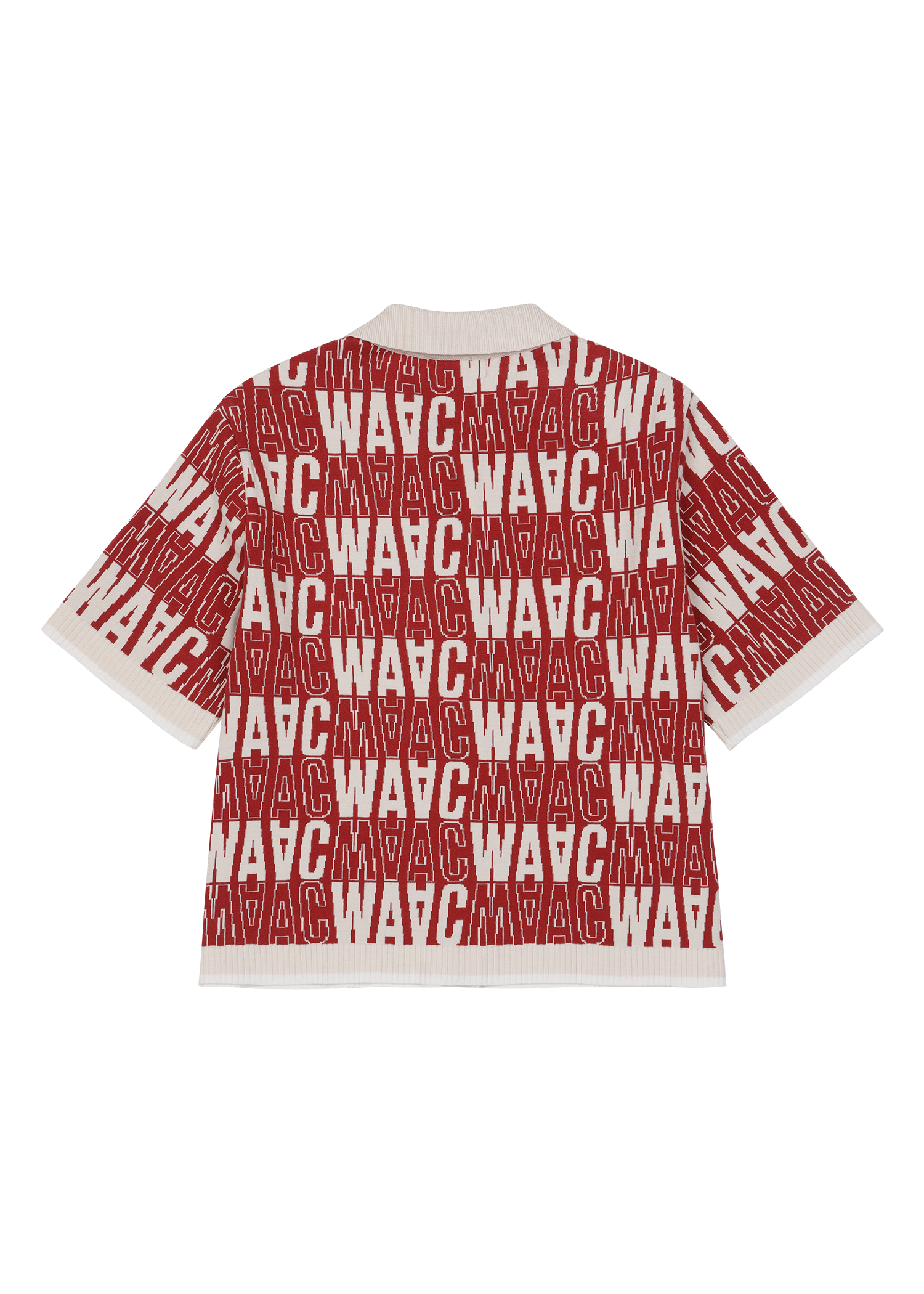 Short-sleeve cardigan with an all-over WAAC pattern
Contrast stripe trim at the cuffs and placket
Light knit texture for everyday wear