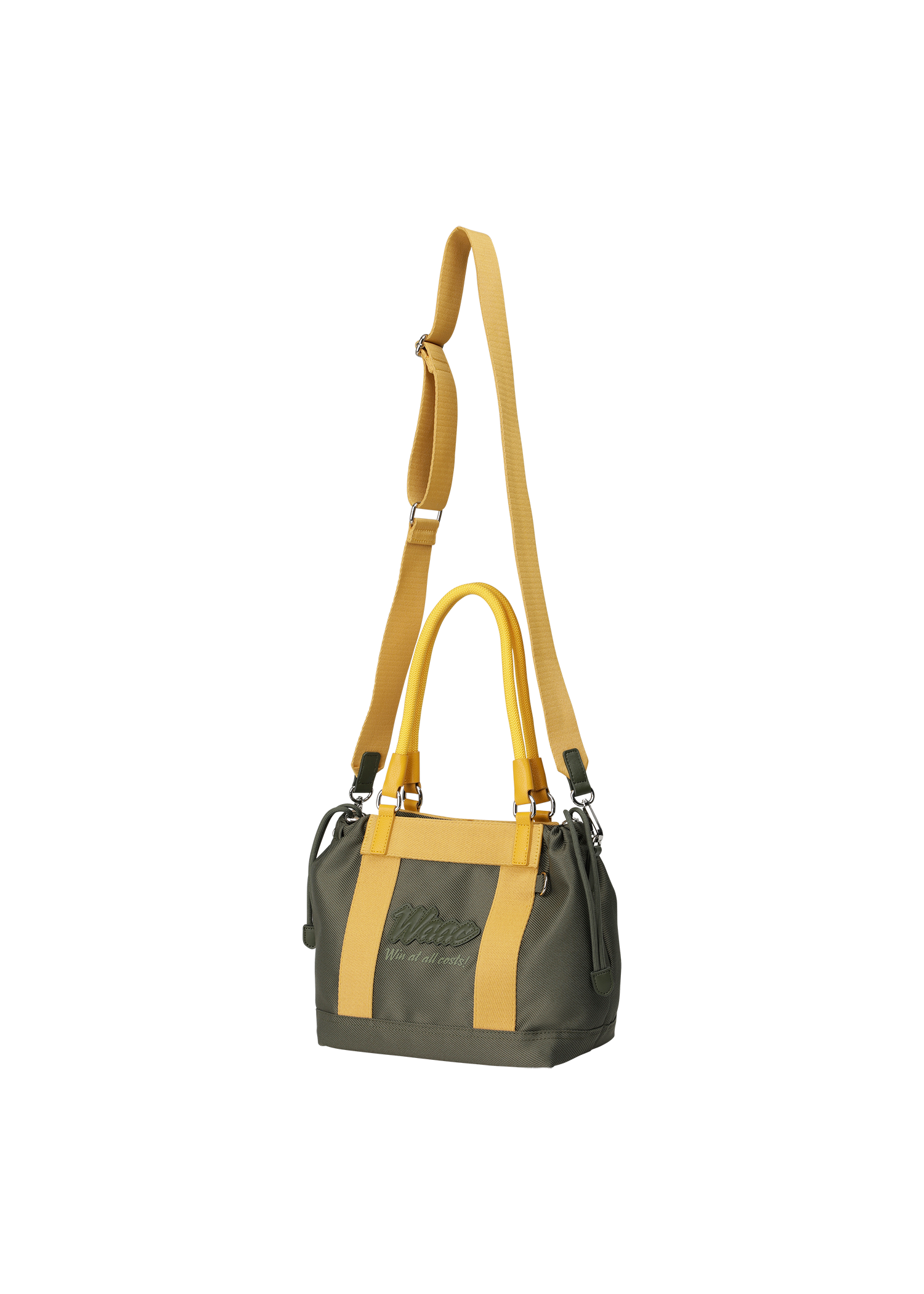 Color Tote Bag
with a two-tone panel design
Front slogan print and WAACKY emblem
Functional compartments for daily carry