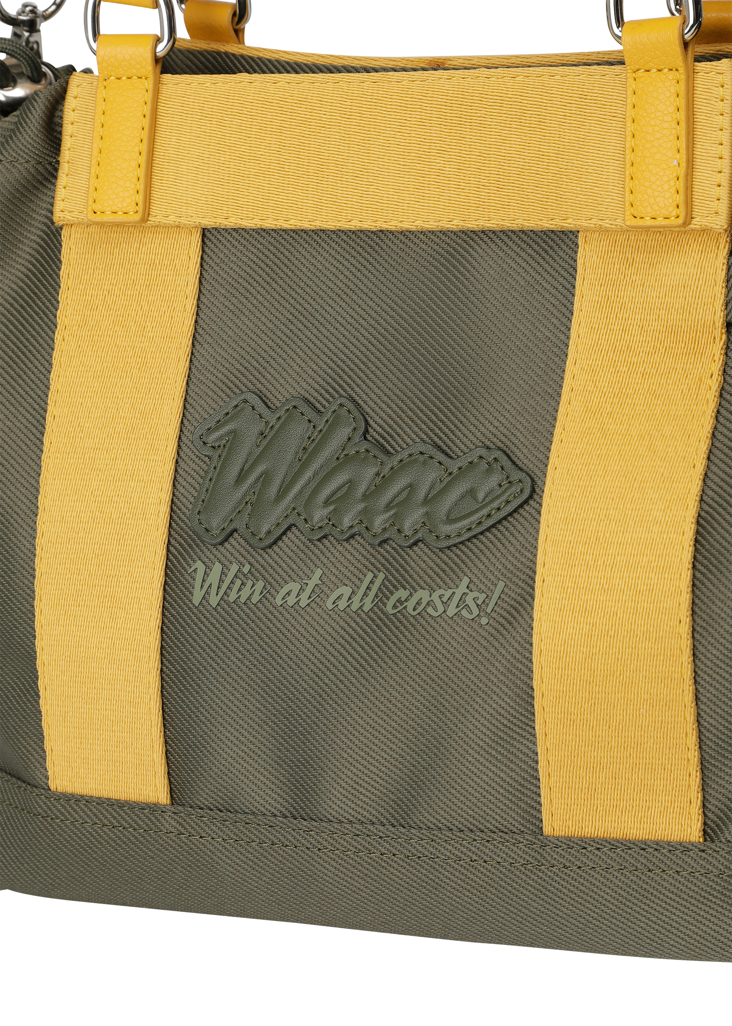 Color Tote Bag
with a two-tone panel design
Front slogan print and WAACKY emblem
Functional compartments for daily carry