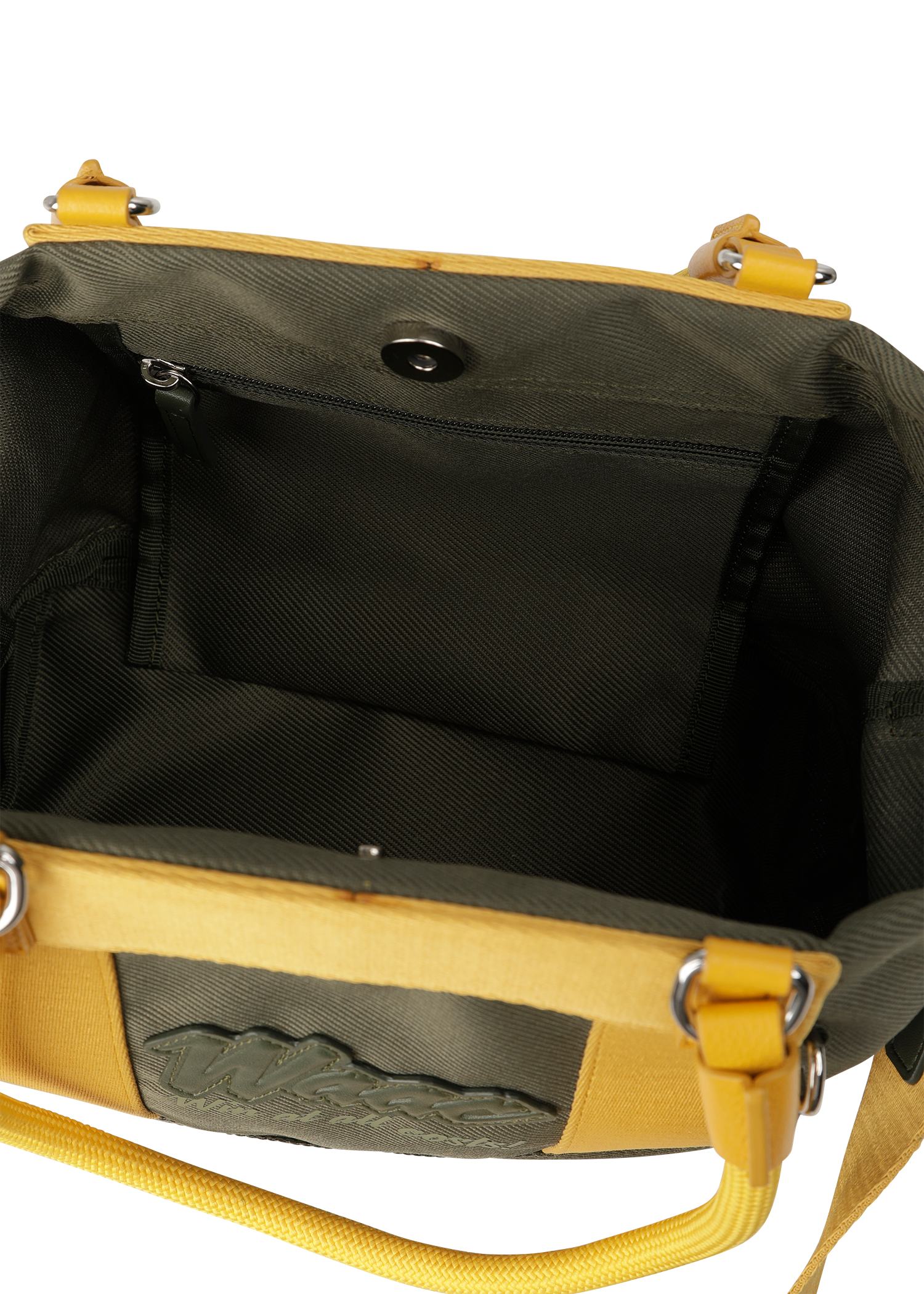 Color Tote Bag
with a two-tone panel design
Front slogan print and WAACKY emblem
Functional compartments for daily carry