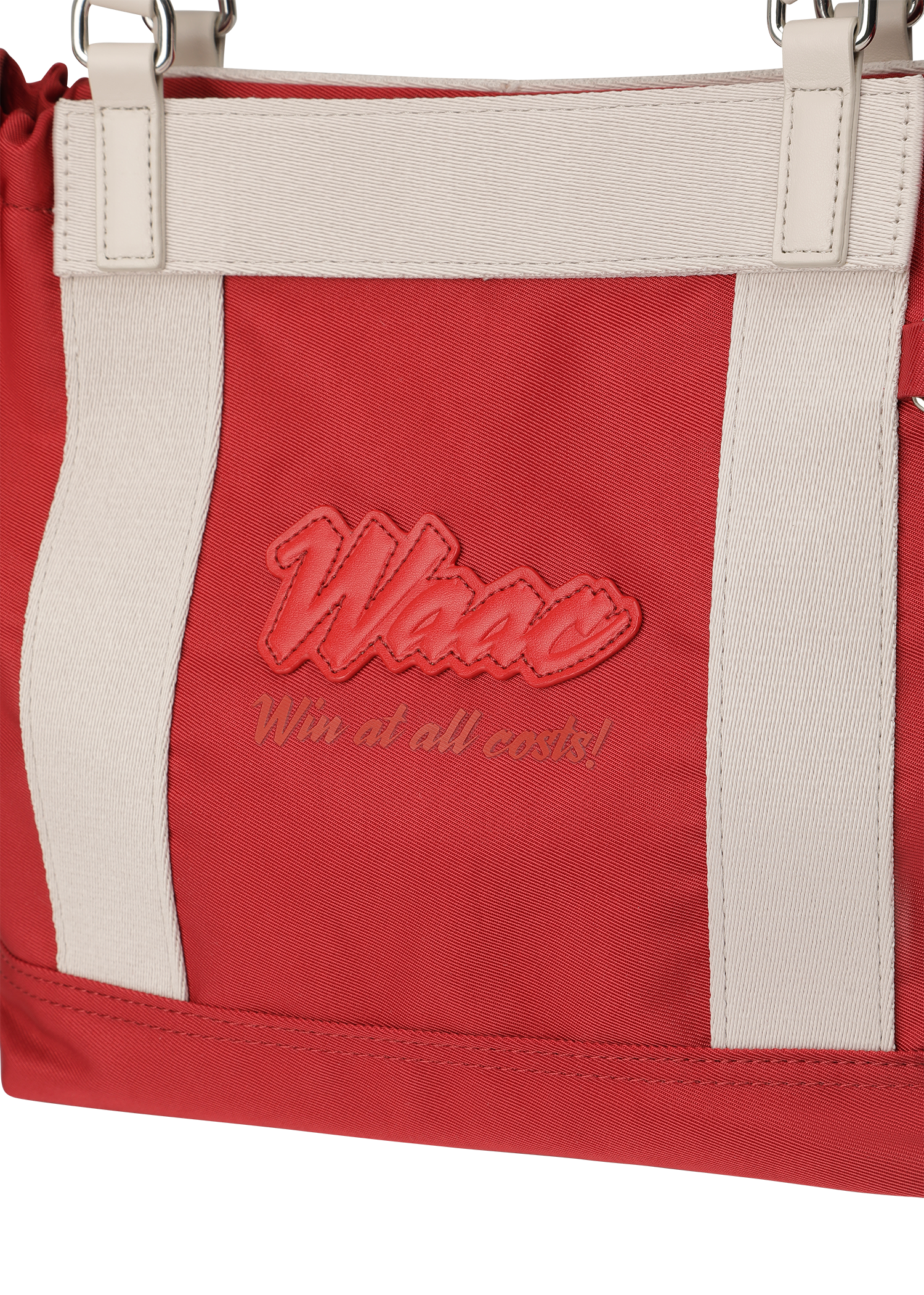 Color Tote Bag
with a two-tone panel design
Front slogan print and WAACKY emblem
Functional compartments for daily carry