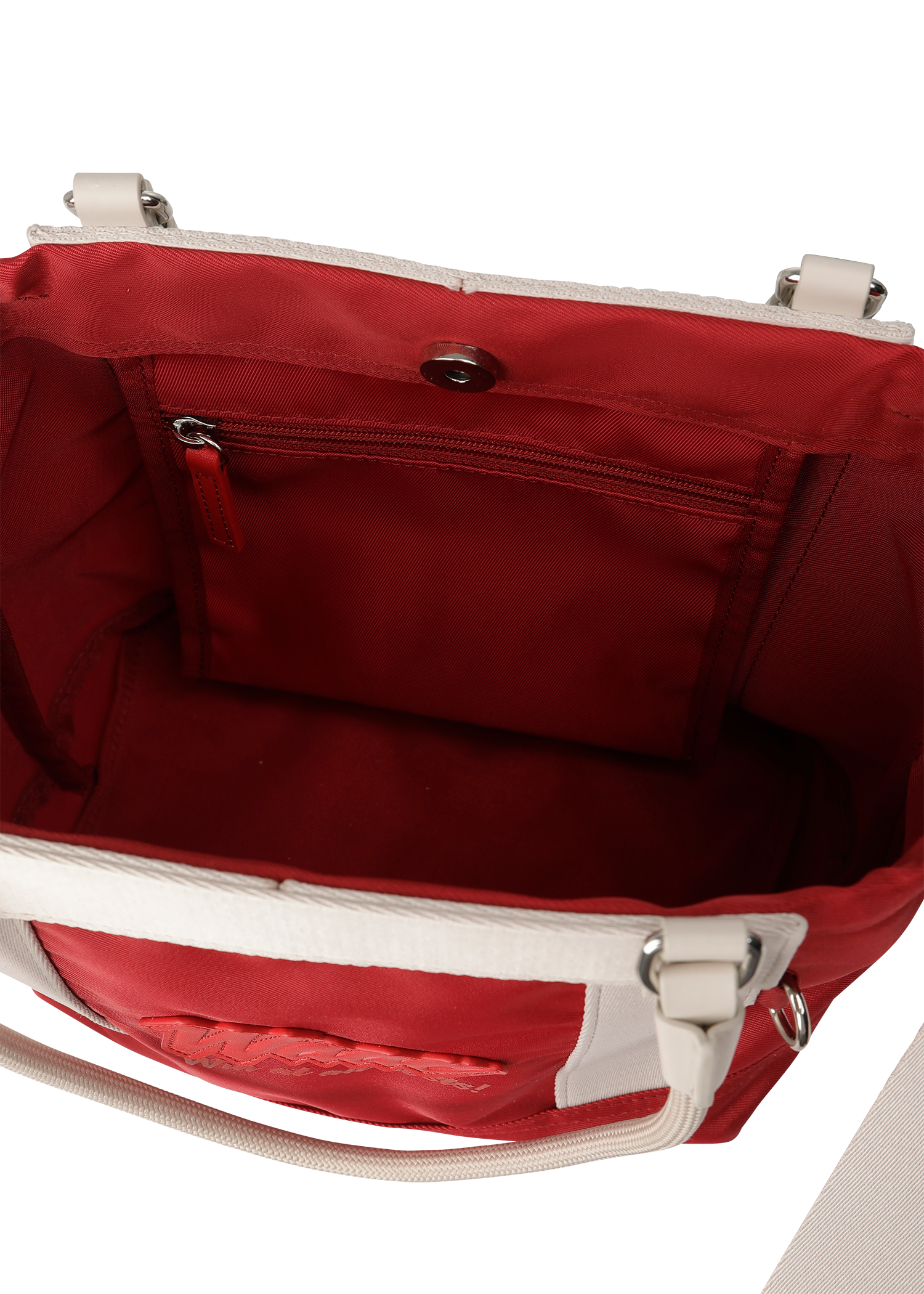 Color Tote Bag
with a two-tone panel design
Front slogan print and WAACKY emblem
Functional compartments for daily carry