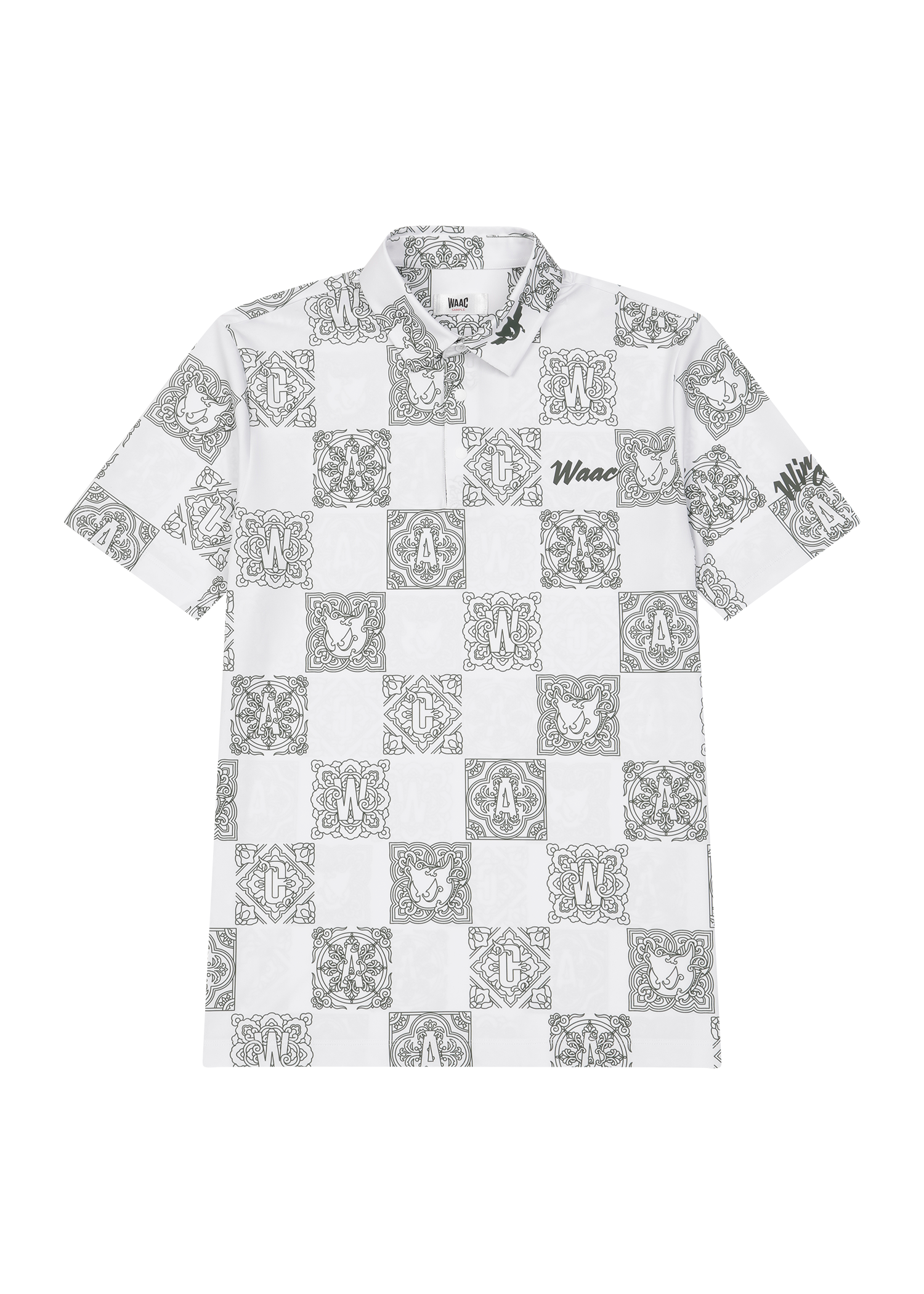 Lightweight stretch polo with a K checkboard pattern
Front WAAC logo detail
Pattern based visual point