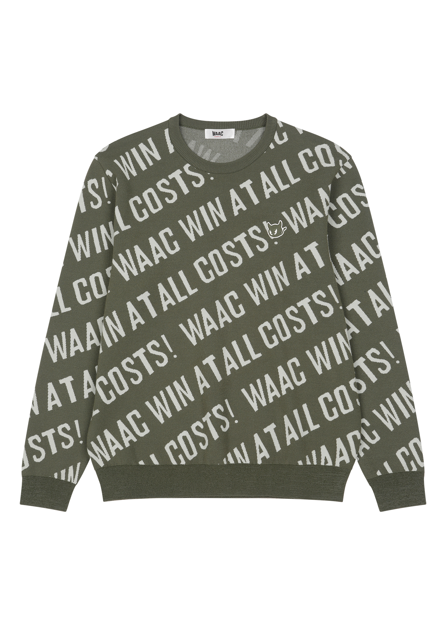 Soft regular fit round neck sweater
Diagonal all-over WAAC slogan pattern
Ribbed trims for a clean finish