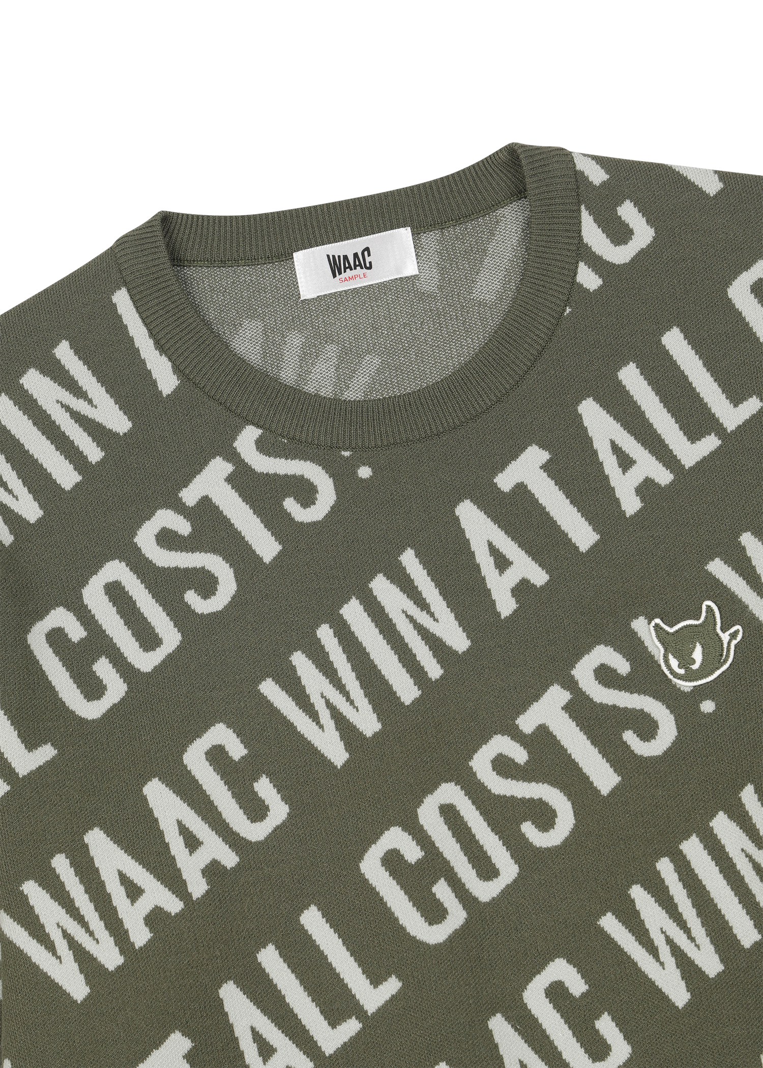 Soft regular fit round neck sweater
Diagonal all-over WAAC slogan pattern
Ribbed trims for a clean finish