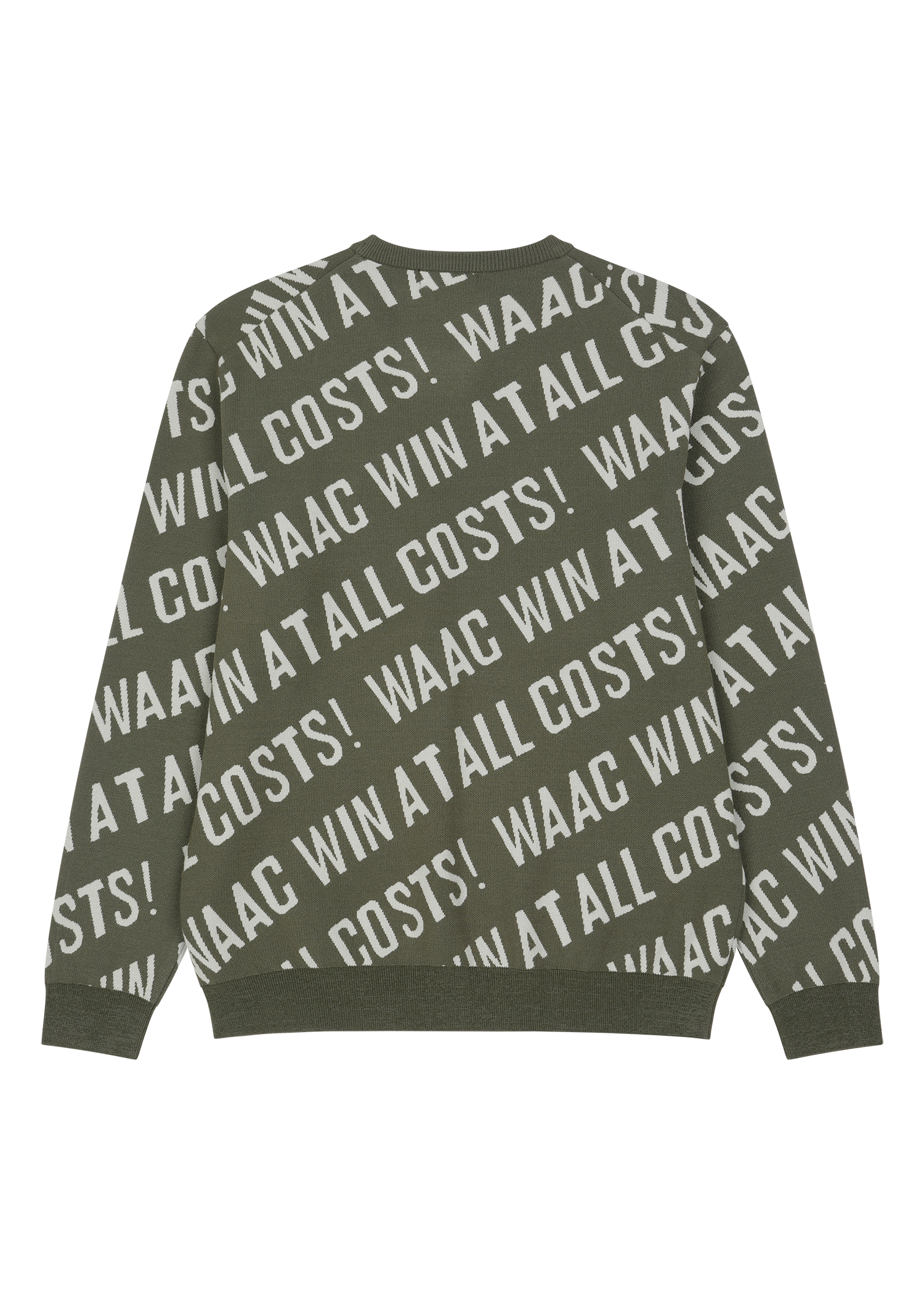 Soft regular fit round neck sweater
Diagonal all-over WAAC slogan pattern
Ribbed trims for a clean finish