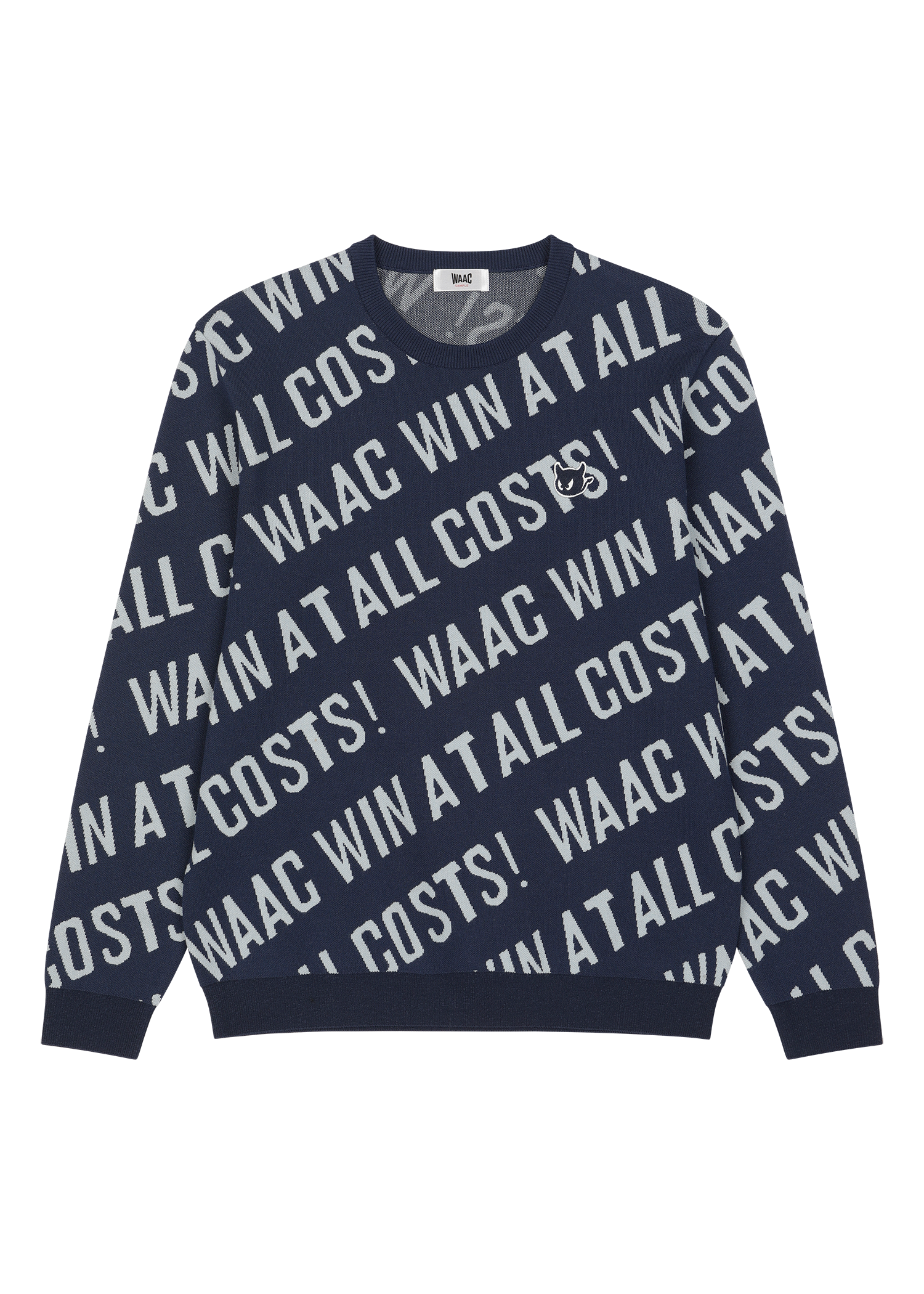 Soft regular fit round neck sweater
Diagonal all-over WAAC slogan pattern
Ribbed trims for a clean finish