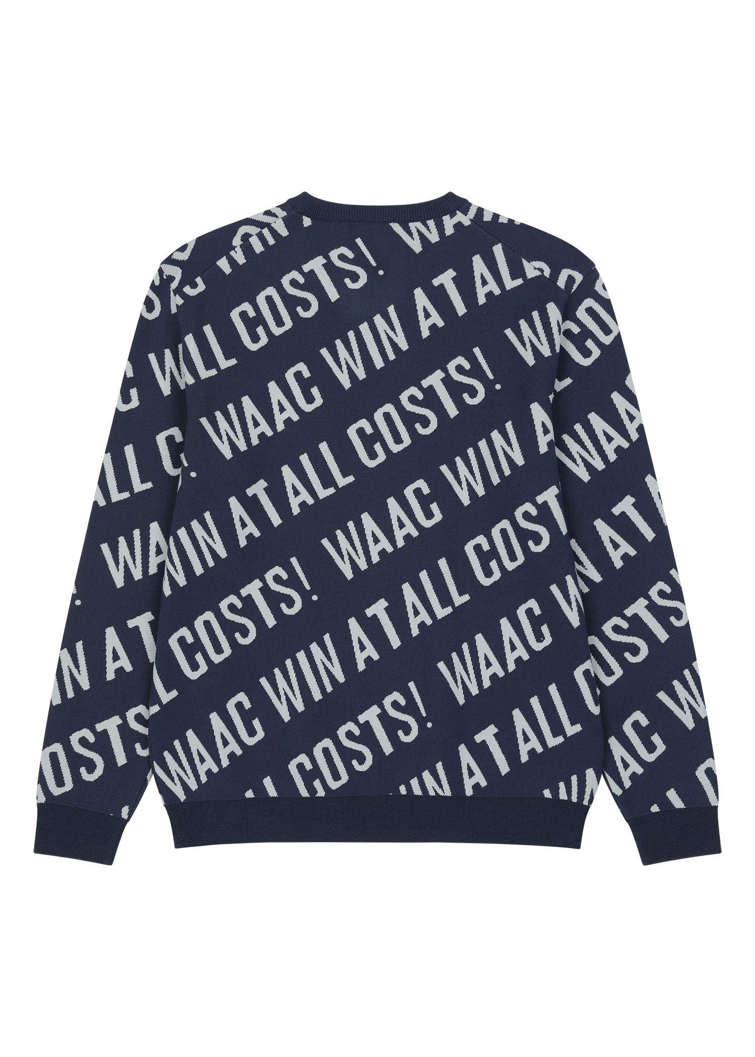 Soft regular fit round neck sweater
Diagonal all-over WAAC slogan pattern
Ribbed trims for a clean finish